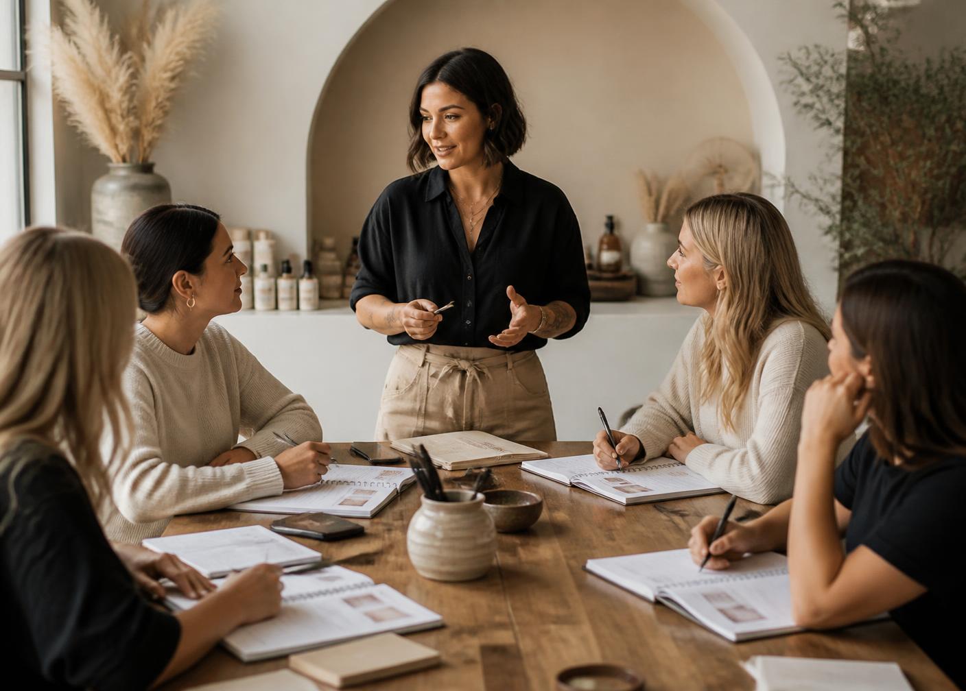 A beauty professional teaching a small group in a studio