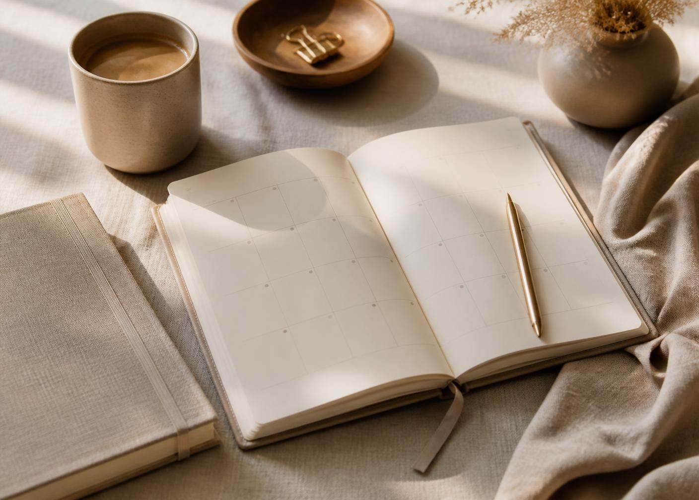 A planner, pen and coffee on a linen surface